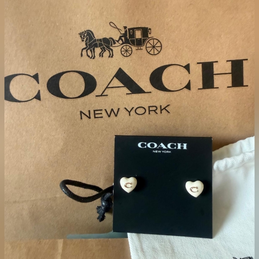 Coach Cream Heart Stud Earrings with Gold 'C' Accent
